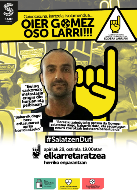 Oier Gomez larri gaixo dagoen presoaren egoera salatzeko elkarretaratzea deitu du Sarek ostiralerako